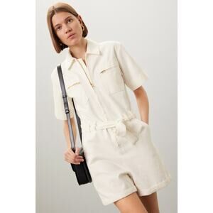 A.P.C. White Cotton Denim Collared Gold Zipper Front Tie Waist Romper Size 38